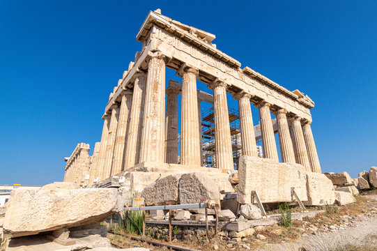 View of one of the sides of the facade of the Partenon in Athens, Greece