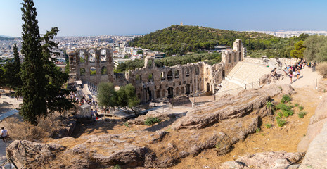 Panoramic view of the Odeon of Herodes Atticus from the Acropolis of Athens with the stage set for a music festival, Athens, Greece