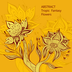 Template from Abstract Dancing Tropic Fantasy flowers in orange colors  for  cosmetic  perfume or for decoration different things or hygiene products or  for creative Post Card