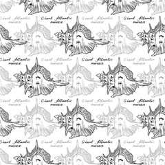 Giant Atlantic Murex. Seamless pattern of  Hexaplex Fulvescens and calligraphy. Hand-drawn monochrome collection of seashells. Vector illustration on a white background.