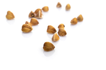 Buckwheat isolated on white. Brown organic vegetarian cereal seeds. Raw grains food. Vegan gluten-free organic, healthy diet superfood with antioxidant, omega-3, protein, mineral nutrients.