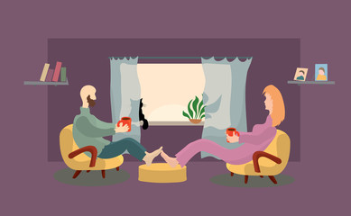 vector man and woman are sitting in chairs with coffee mugs in hands on the background of window with a cat. warm morning together at home