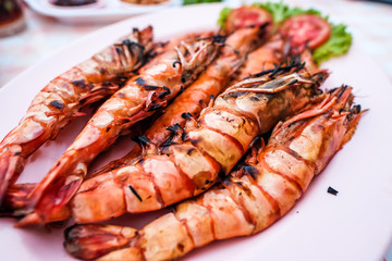 Grilled fresh river prawn, fragrant and served, Chanthaburi, Thailand.