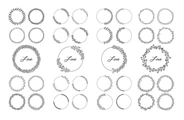 Vector black and white image. Set of round frames of flowers and branches for decoration of inscriptions or logos. Detail painted plants, leaves and flowers.