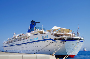 Classic Mano Cruises cruise ship or cruiseship liner Golden Iris in port of Rhodes, Greece during...