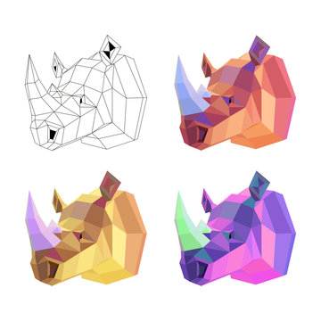 Image set. Vector image - origami. Rhinoceros head from colored paper. Abstract image consisting of geometric shapes. Trendy bright neon colors.
