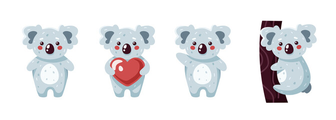 Cute koala isolated. Funny cartoon animal. Characters for kids. Vector illustration. Flat eps10. Koala with heart. Koala on a tree. © Ihor