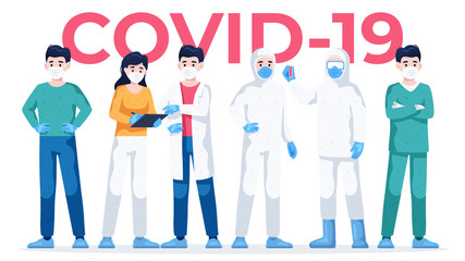 Doctors and nurses, medical personnel. Virus Covid-19, Coronavirus infection. Vector illustration. Respiratory disease. Pandemic and quarantine. People wearing face masks. Cute characters. Flat eps10.