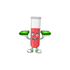 A cheerful red test tube mascot design with some money on hands