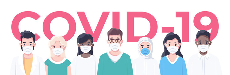 People wearing medical face masks. Virus Covid-19, Coronavirus infection. Respiratory disease. Doctors. Pandemic and quarantine. Cute vector characters. Simple modern design. Flat eps10 illustration.