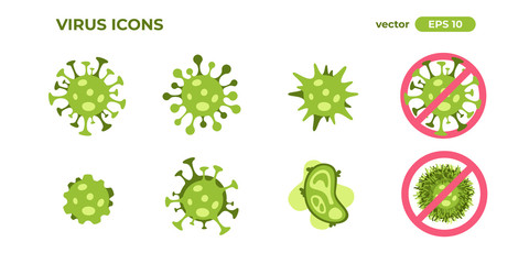 Bacteria icons isolated. Virus microbe cell sign/symbol. Covid-19, Coronavirus infection. Vector illustration. Flat eps10. Pandemic and quarantine.