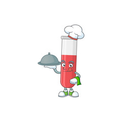 A red test tube chef cartoon design with hat and tray