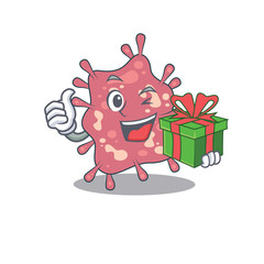 Smiling haemophilus ducreyi cartoon character having a green gift box