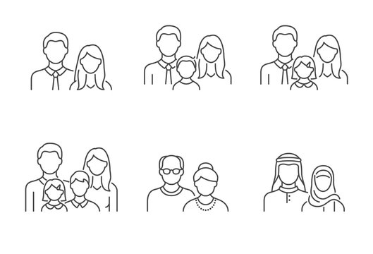 People avatar flat icons. Vector illustration included icon as man, female head, muslim, senior, familes and couples human face outline pictogram for user profile. Editable Stroke