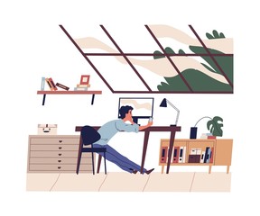 Smiling young man has a work break. Freelancer sitting at desk with smartphone and surfing internet, chatting in social network. Home office. Vector illustration in flat cartoon style