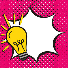 Bright comic empty speech bubble in popart style. White box for text in the form of an explosion with lightbulb. Square web banner for social media post template. Vector illustration, vintage design.