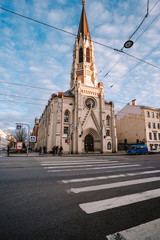 Culture and Sights of Saint Petersburg, details of the Catholic Cathedral on the island, empty streets of the city