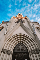 Culture and Sights of Saint Petersburg, details of the Catholic Cathedral on the island, empty streets of the city