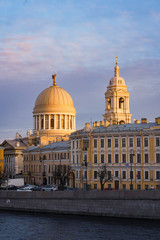 Culture and Sights of Saint Petersburg, beautiful white Cathedral with a dome, pleasant sky