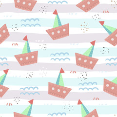 Seamless vector pattern with hand drawn sailing yachts . Summer bright background for fabric design.