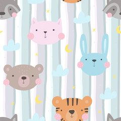 Seamless pattern with cute little bunny, raccoon, tiger, cat, bear. vector illustration. Vector print with rabbit, raccoon, tiger, cat, bear