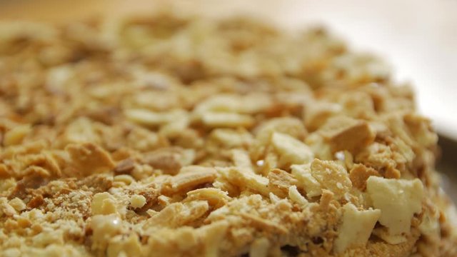 Tasty cake macro closeup refocusing camera movement cooking Napoleon homemade puff pastry