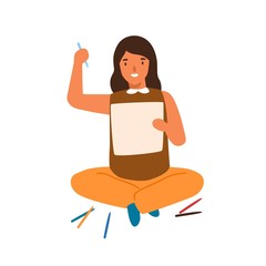 Smiling cartoon girl painting picture on paper vector flat illustration. Happy female kid enjoying hobby creating art sitting on floor isolated on white background. Joyful child having creative hobby