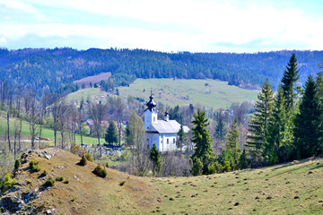 
View of the church in Jaworki village, Little Pieniny mountains, Poland