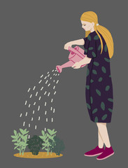 Woman planting gardens flowers, agriculture gardener hobby and garden job. Gardening person, gardener flowers. Flat vector illustration.