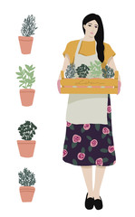 Woman planting gardens flowers, agriculture gardener hobby and garden job. Gardening person, gardener flowers Flat vector illustration.