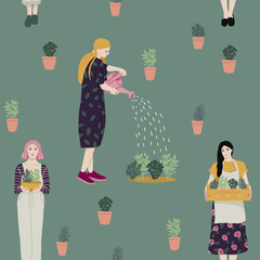 Pattern of Woman planting gardens flowers, agriculture gardener hobby and garden job. Gardening persons, gardener flowers. Flat vector illustration.