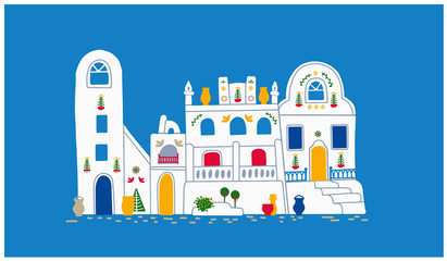 Santorini island tourism vector illustration in flat style. Simple illustration of beautiful buildings.