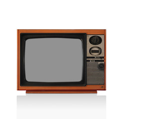 Front View Classic vintage retro old orange television on white background