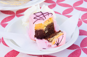 vanilla and chocolate cupcakes covered with strawberry icing and whipped cream