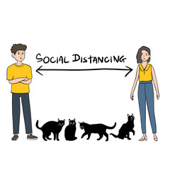 Social distancing hand drawn illustration isolated on white background. Two people standing across each other with cats between them to protect from virus outbreak spreading concept.