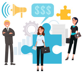 People working in business vector, man and woman wearing formal clothes smiling characters. Puzzle and dollar currency sign, megaphone for tasks management