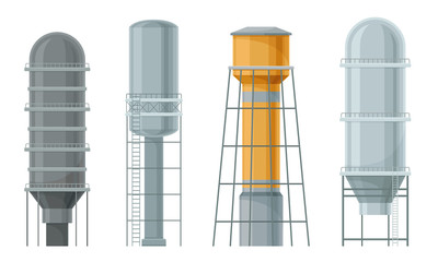 Water Towers or Tank Houses Made of Metal Vector Set