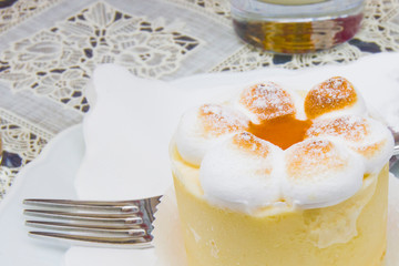 meringue mousse, peach cream and apricot jam