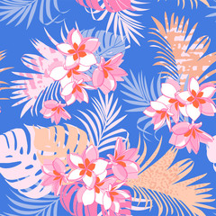 Fototapeta na wymiar Seamless exotic pattern with tropical leaves and plumeria flowers on blue background. Vector hand draw background.