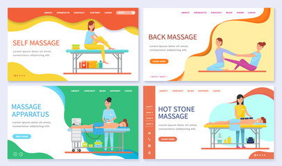 Obraz premium Set of massage techniques and types. Self and back massage, relaxation for clients with help of hot stones. Apparatus for therapy. Website or webpage template, landing page, vector in flat style