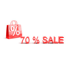 70% sale off promotion for product selling. Shopping bag with percent. Shock price isolated on white background. 3D rendering. Summer sale. End of season.