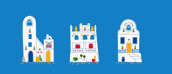 Santorini island tourism vector illustration in flat style. Simple set illustration of beautiful buildings.