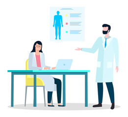 Doctors making researches and diagnosis of patient. Scientist woman working on computer. Male asking employer about results of test. Clinic or hospital medical services, vector in flat style