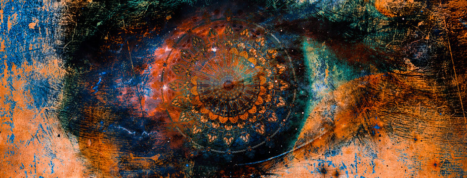 
mandala colorful dark eyes vintage art, ancient Indian vedic background design, old painting texture with multiple mathematical shapes