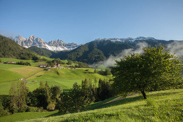 View from the small Italian mountain town of St. Magdalena in Val di Funes