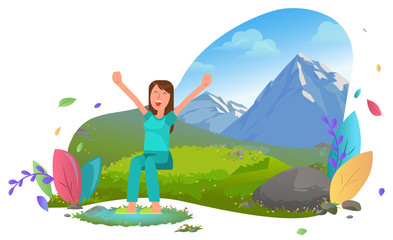 Female character traveling to mountains vector, awake person morning on nature with hills, meadows and grass lawns. Foliage blue clear sky and clouds