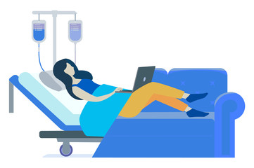 Hospital recovery of woman vector, isolated female character laying on bed in clinic, oxygen mask. Therapy and treatment of lady flat style disease