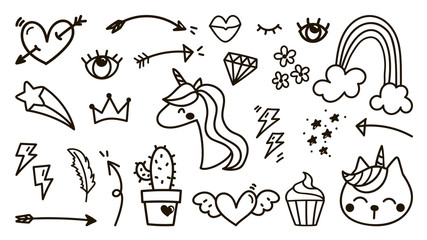 Cute hand drawn doodle vector set, Unicorn, star, love, Natural , arrows, cloud, weather, rainbow, eyes, heart and creative design vector collection.  © TWINS DESIGN STUDIO