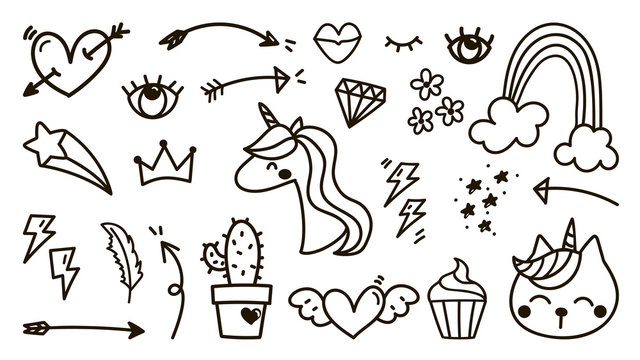 Cute hand drawn doodle vector set, Unicorn, star, love, Natural , arrows, cloud, weather, rainbow, eyes, heart and creative design vector collection.	
