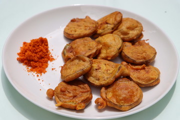 Brinjal Pakoda or Pakora, egg plant fritters, Indian food